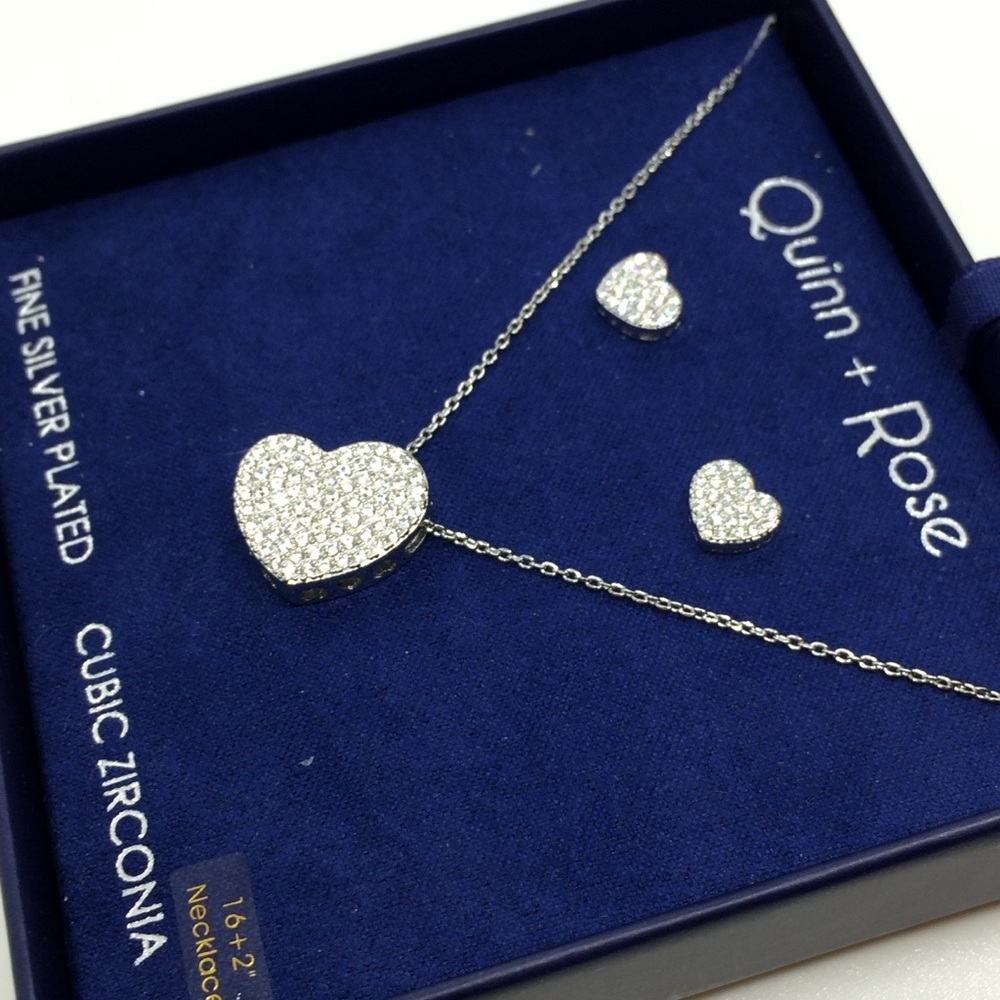 3/$30 QUINN + ROSE SILVER PLATE CZ ZIRCONIA NECKLACE EARRING SET HEART PENDANT - Picture 6 of 9